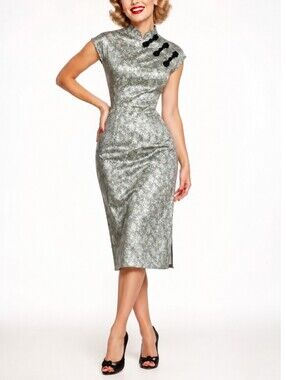 Vintage 50's Wiggle Cocktail Dress Sz S Silk Brocade Floral Jacquard Qipao Pinup